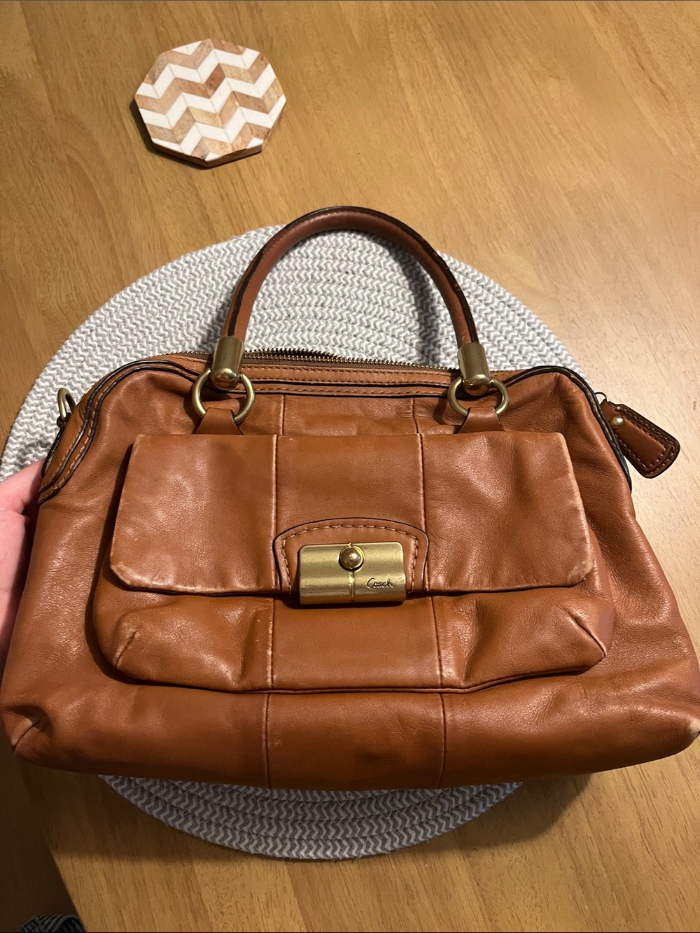Coach Brown Leather Satchel with Front Flap and Gold Hardware
